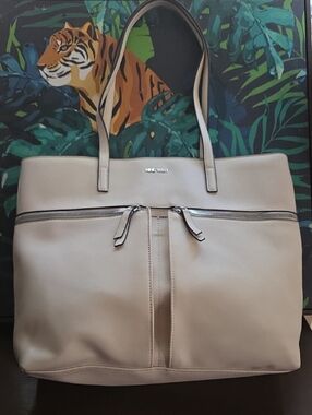 Nine West Beige Leatherette Tote with Front Zip Detail